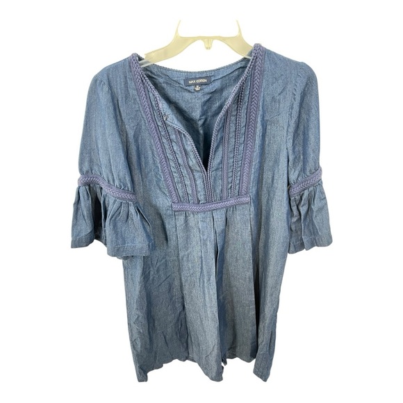 Max Edition Mid Length Bell Sleeve Blue Chambray Dress with Blue Braided Trim - Picture 8 of 8